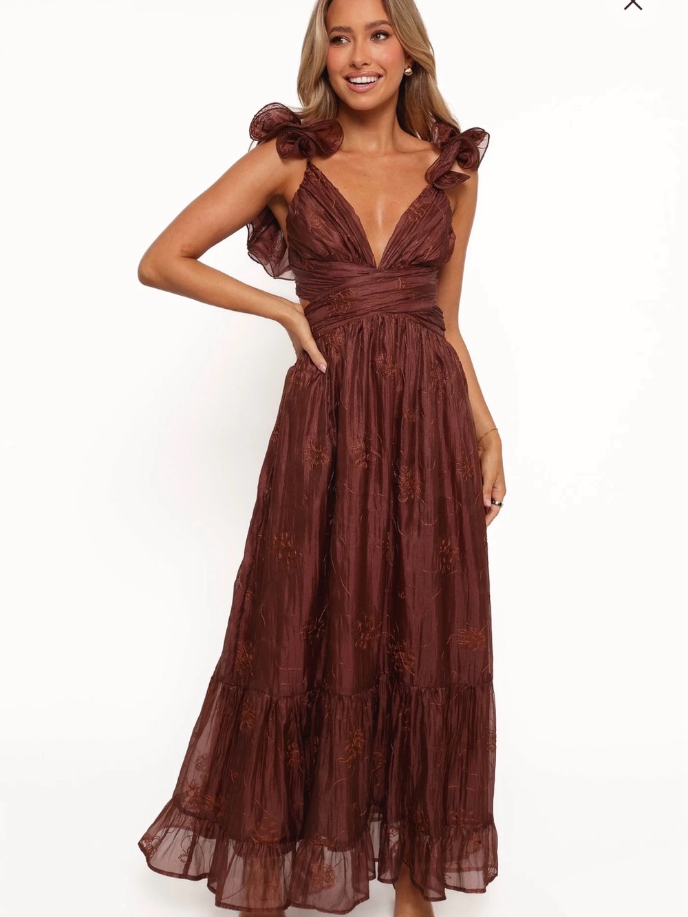 Petal & Pup Floral Brown Ruffle Strap V-Neck Maxi Dress
